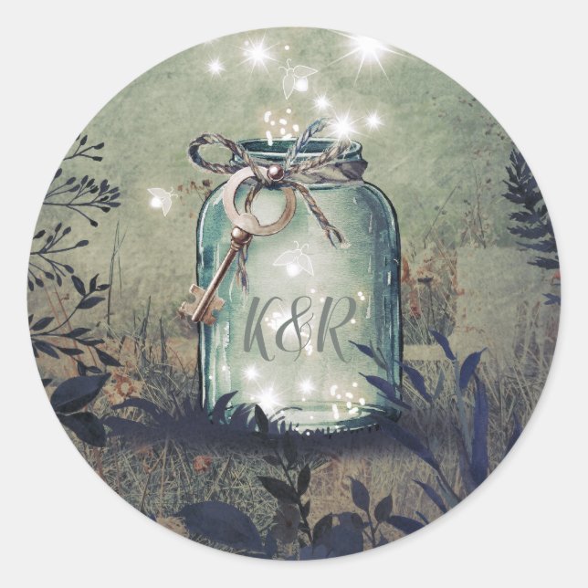 Pegatina Redonda Love Key Mason Jar Rustic Woodland Boda (Anverso)