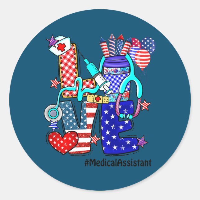 Pegatina Redonda LOVE Medical Assistant Stethoscope Fireworks Estad (Anverso)