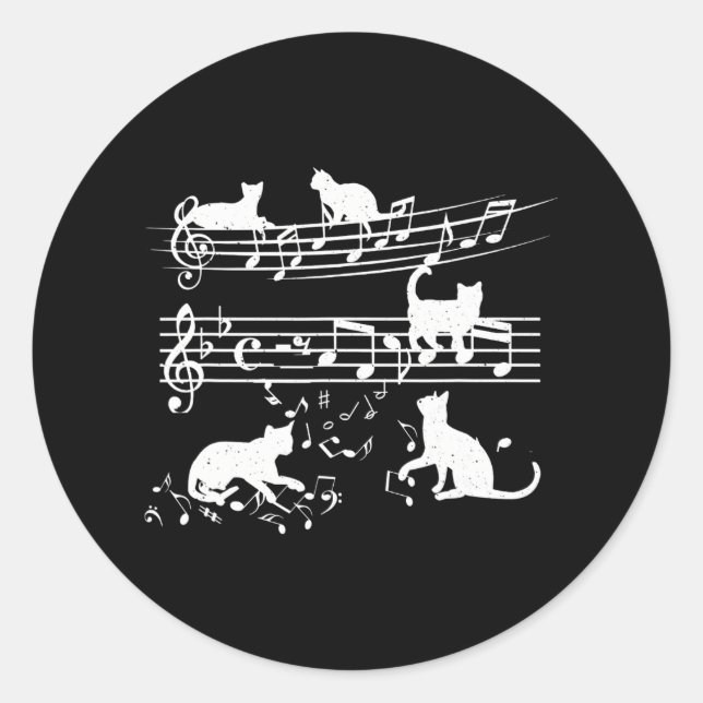 Pegatina Redonda Love Music Piano Cat Jugando En Notas Musicales (Anverso)