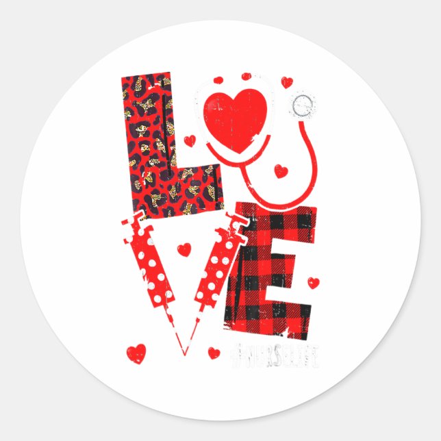 Pegatina Redonda Love Nurse Life Valentine Day Leopard Plaid Red He (Anverso)