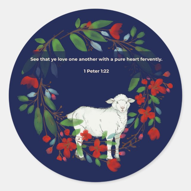 Pegatina Redonda Love One Another | Lamb & Floral Round Sticker (Anverso)