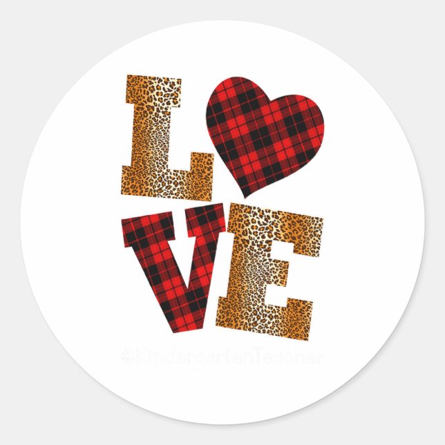 Pegatina Redonda Love Plaid Red Leopard Kindergarten Teacher Valent (Anverso)