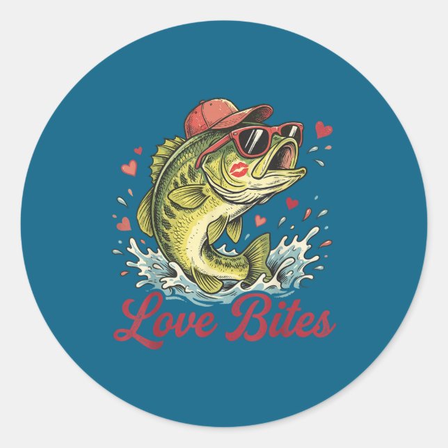 Pegatina Redonda Love Retro Bites Fishing Fisherman Valentines Day  (Anverso)