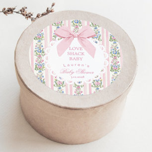 Pegatina Redonda Love Shack Baby Pink Bow Rosa Baby Shower