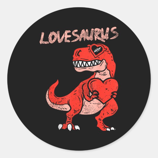 Pegatina Redonda Lovesaurus Trex Dinosaur Heart Cute Valentines Day (Anverso)
