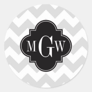 Pegatina Redonda Lt Gris Blanco Chevron Negro Cuatrefoil 3 Monogram