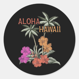 Pegatina Redonda Luau de Aloha Hawaii Flores de Hibisco Hawaiano Va