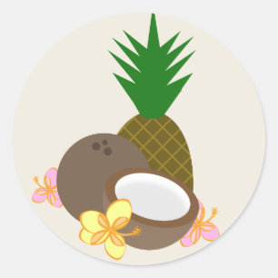 Pegatina Redonda Luau Tropical Coconut Pineapple Hibiscus