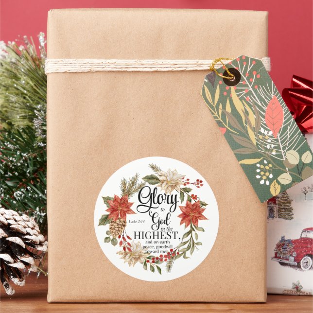 Pegatina Redonda Lucas 2:14 Gloria a Dios Navidades Floral de oro (Vacaciones)