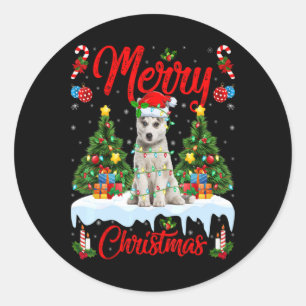 Pegatina Redonda Luces Árbol Navidad Santa Perro Husky Siberiano Na