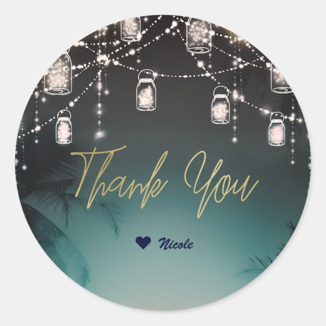 Pegatina Redonda Luces Brillantes Palmeras Elegante Boda de Playa (Anverso)