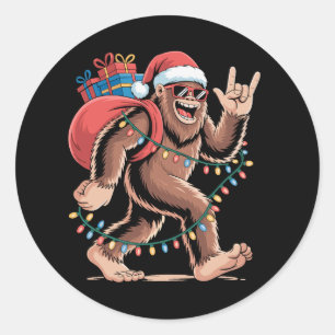 Pegatina Redonda Luces de árbol de Navidad Bigfoot Sasquatch Santa