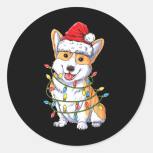 Pegatina Redonda Luces de árbol de Navidad Corgi Santa Xmas chicos