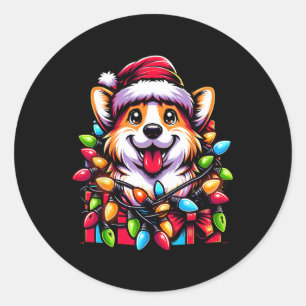Pegatina Redonda Luces de árbol de Navidad Corgi Santa Xmas chicos