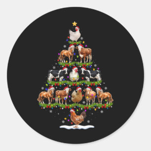 Pegatina Redonda Luces de árbol de Navidad de animales granja de po