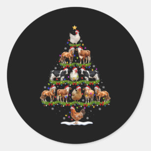 Pegatina Redonda Luces de árbol de Navidad de animales granja de po