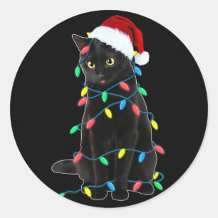 Pegatina Redonda Luces de árbol de Navidad de gato negro Gato de Sa
