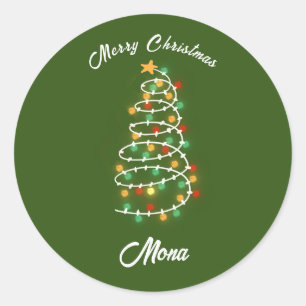 Pegatina Redonda Luces de árbol de Navidad nombre personalizado
