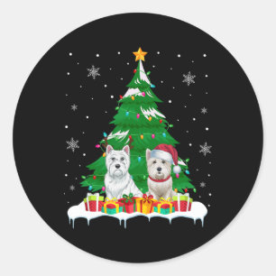Pegatina Redonda Luces de árbol de Navidad para perros Westie Santa