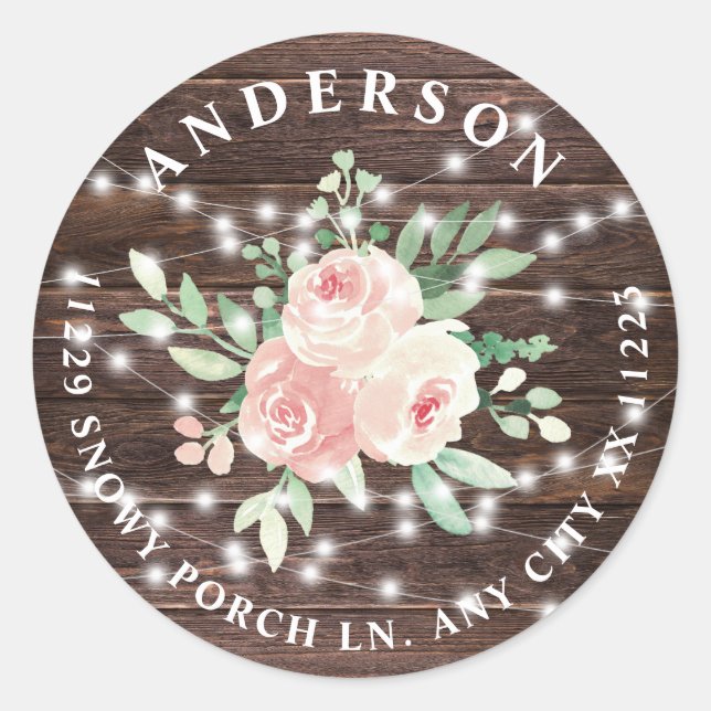 Pegatina Redonda Luces de cadena florales de madera rústica con dir (Anverso)