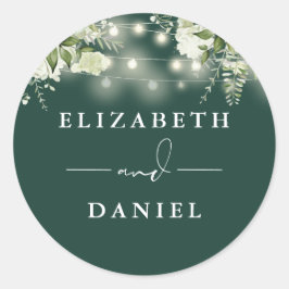 Pegatina Redonda Luces de Cadena Florales Esmeralda Favor de Boda