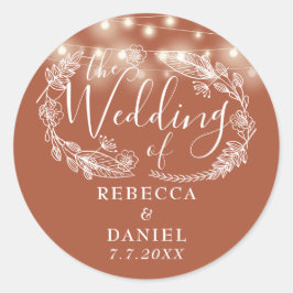 Pegatina Redonda Luces de Cadena Florales Terracota Boda