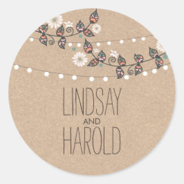 Pegatina Redonda luces de cadena ramas florales boda rústico