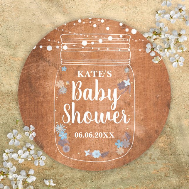 Pegatina Redonda Luces de Cuerda en Tarro de Mason Rústico para Bab (Rustic Mason Jar String Lights Baby Shower Classic Round Sticker)
