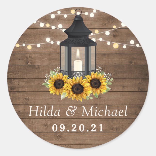 Pegatina Redonda Luces de cuerdas rusas de girasol de madera (Anverso)