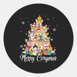 Pegatina Redonda Luces de Hada de árbol de Navidad de Corgi Feliz C