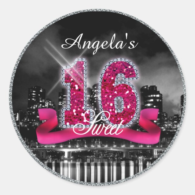 Pegatina Redonda Luces de la ciudad dulces Dieciséis ID117 rosa (Anverso)