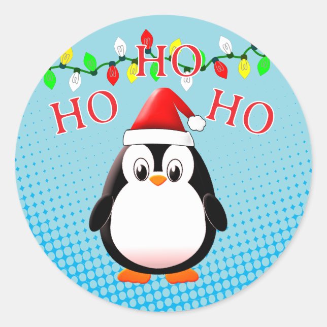 Pegatina Redonda Luces de los Navidades Cute Penguin Santa Hat (Anverso)