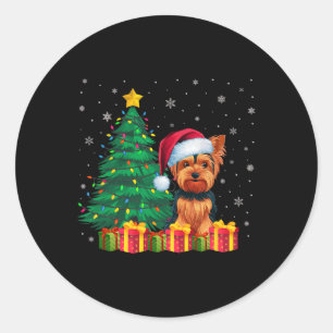 Pegatina Redonda Luces de los Navidades de Santa Hat Terrier de Yor