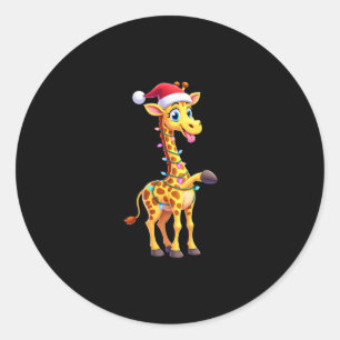 Pegatina Redonda Luces de Navidad de Jirafa Funny Santa Jirafa Navi
