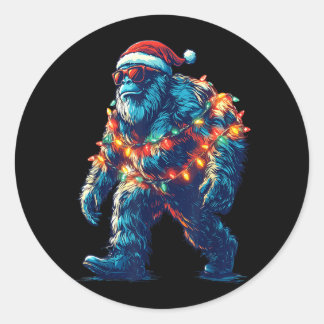 Pegatina Redonda Luces de Navidad de Santa Bigfoot Xmas Sasquatch