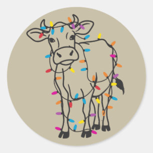 Pegatina Redonda Luces de Navidad de Vaca Linda Terneras Fiesta Agr