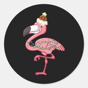 Pegatina Redonda Luces de Navidad Exóticas Flamingo Hawái En Navida