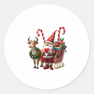 Pegatina Redonda Luces de Navidad Gnome Santa Claus Montando Trineo