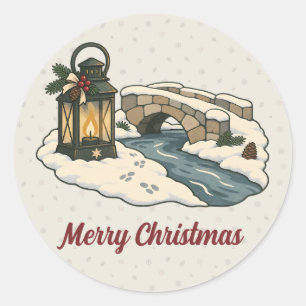Pegatina Redonda Luces de Navidad Nórdicas junto a un Puente de Pie