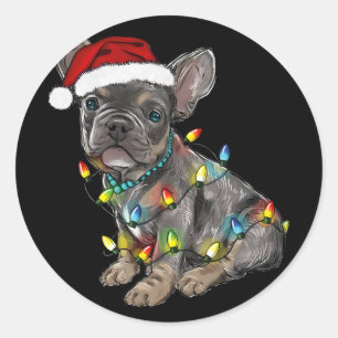 Pegatina Redonda Luces de Navidad Perro Bulldog Francés Santa Navid