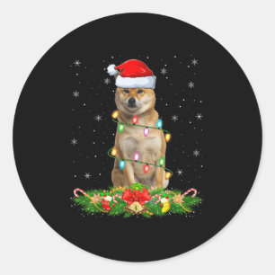 Pegatina Redonda Luces de Navidad Perro Shiba Inu Gorro Divertido d