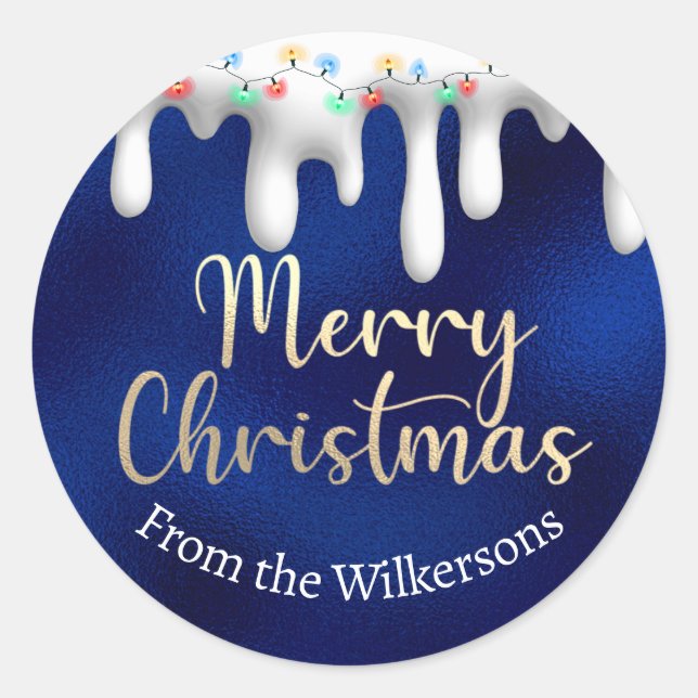 Pegatina Redonda Luces de navidad sobre el oro de nieve y el nombre (Anverso)