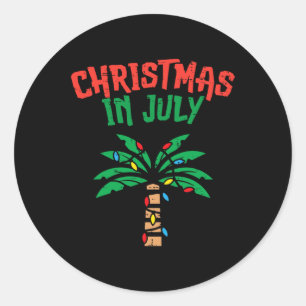 Pegatina Redonda Luces De Palmera Navidad En Julio Verano Tropical