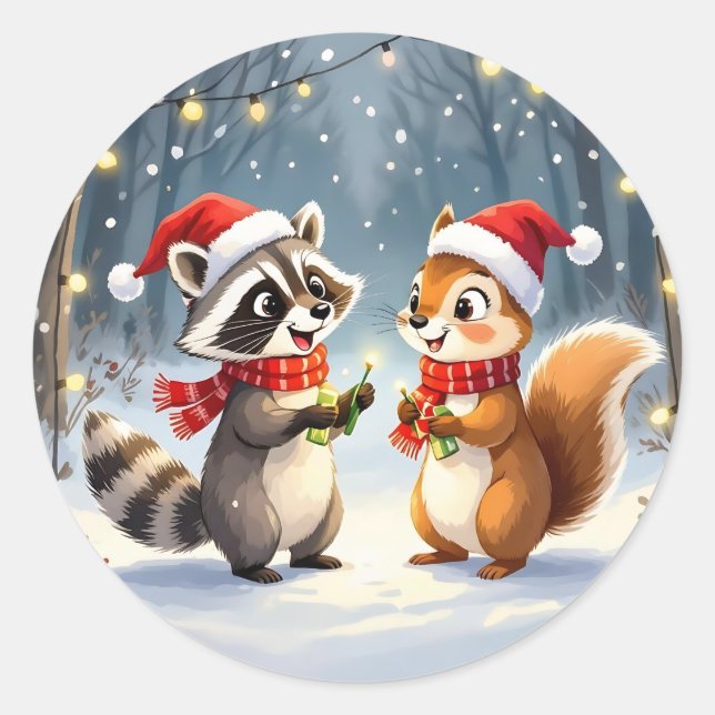 Pegatina Redonda Luces de Raccoon y Squirrel colgando Navidades (Anverso)