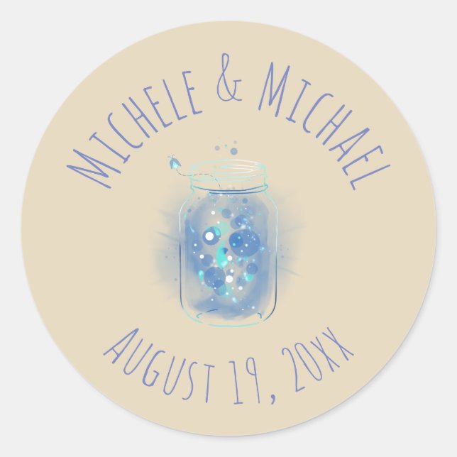 Pegatina Redonda Luciérnagas en Frasco Nombres Personalizados Fecha (Anverso)