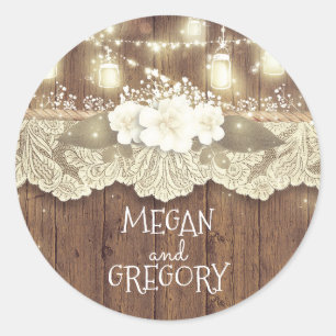 Pegatina Redonda Luciérnagas rusas de madera Mason Jars Barn Boda
