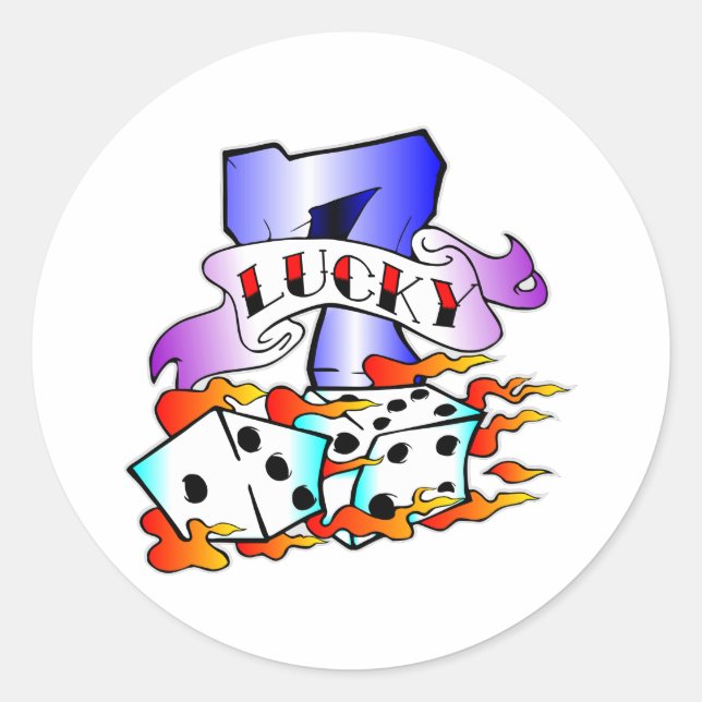 Pegatina Redonda Lucky 7 & Dice Tattoo (Anverso)