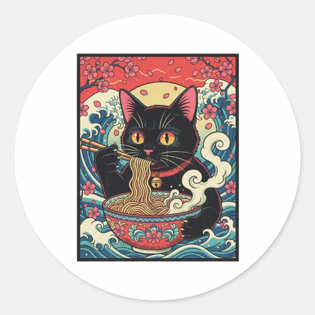 Pegatina Redonda Lucky Cat Ramen Noodle Art (Anverso)