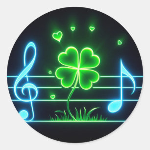 Pegatina Redonda Lucky Clover and Music Notes