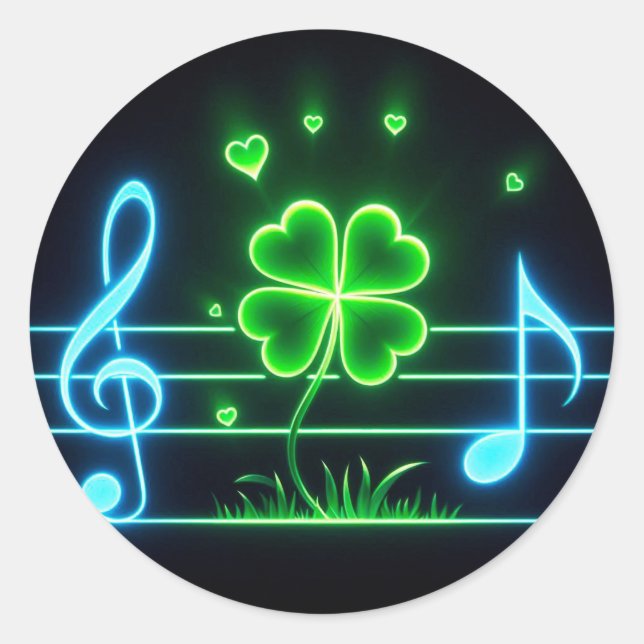 Pegatina Redonda Lucky Clover and Music Notes (Anverso)